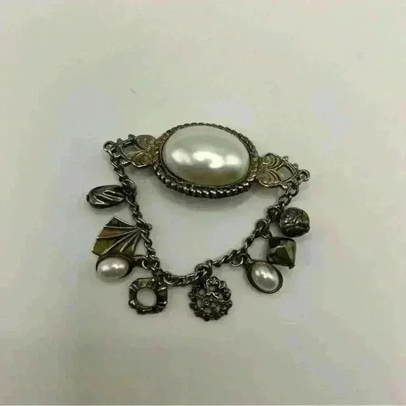 Victorian Revival Style Faux Pearl Cabochon Dangle Chain Brooch - Picture 2 of 3